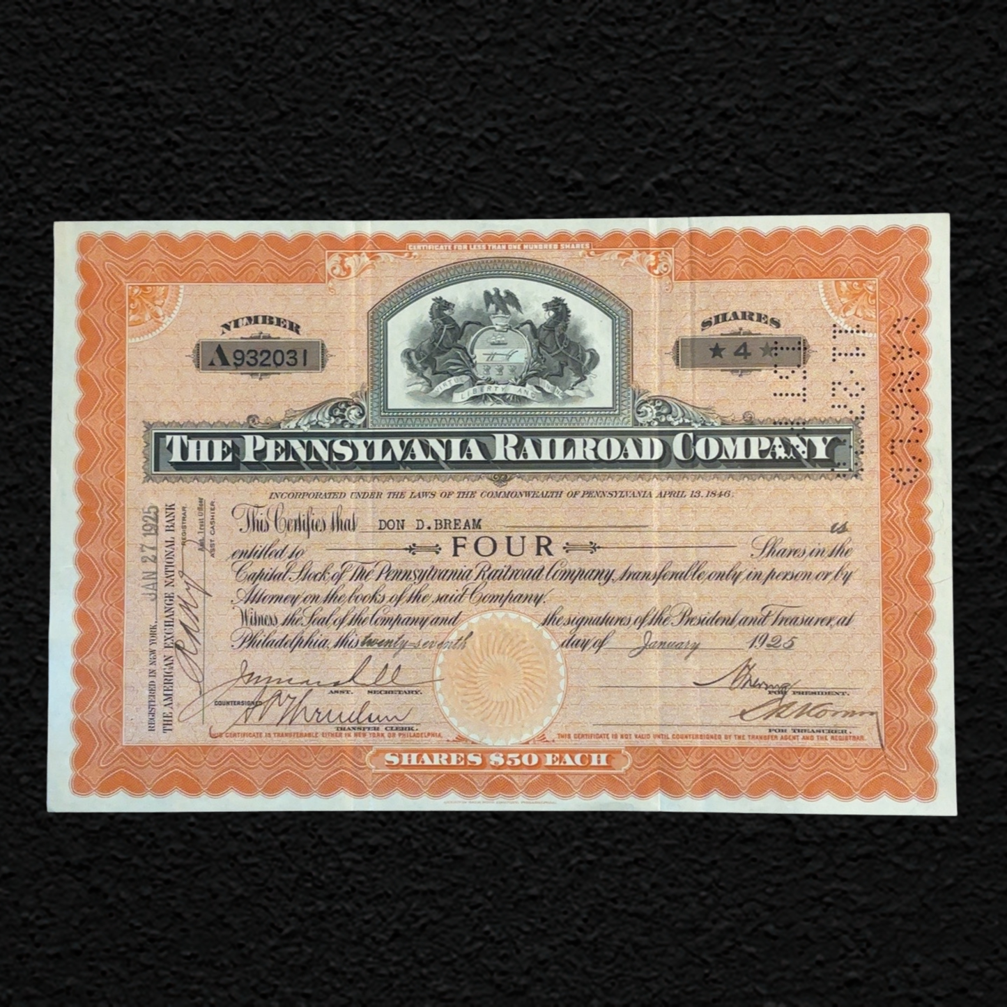 Original Pennsylvania Railroad Stock Certificate
