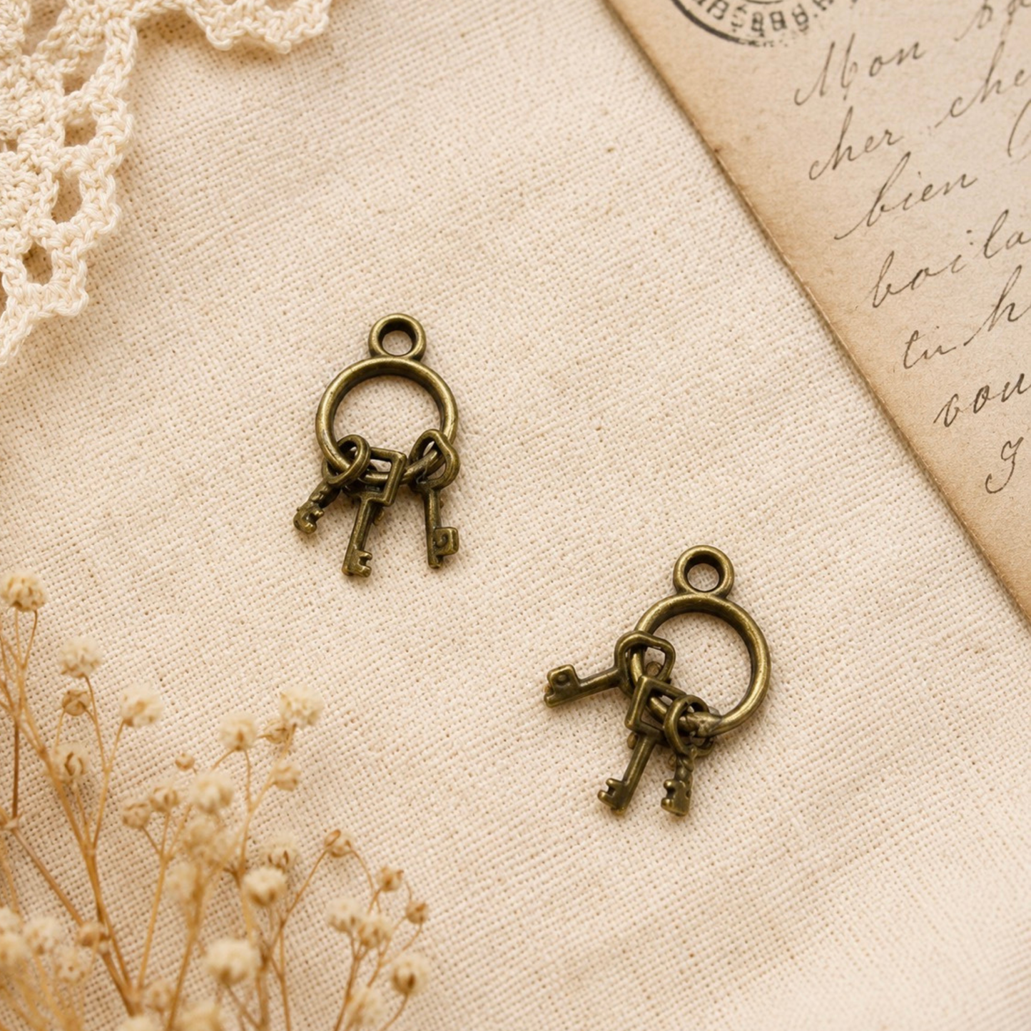 Miniature Antique-Brass Finish Key Ring Charms – Set of 2