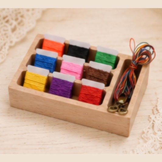 Miniature Wooden Sewing Box with Thread & Scissors