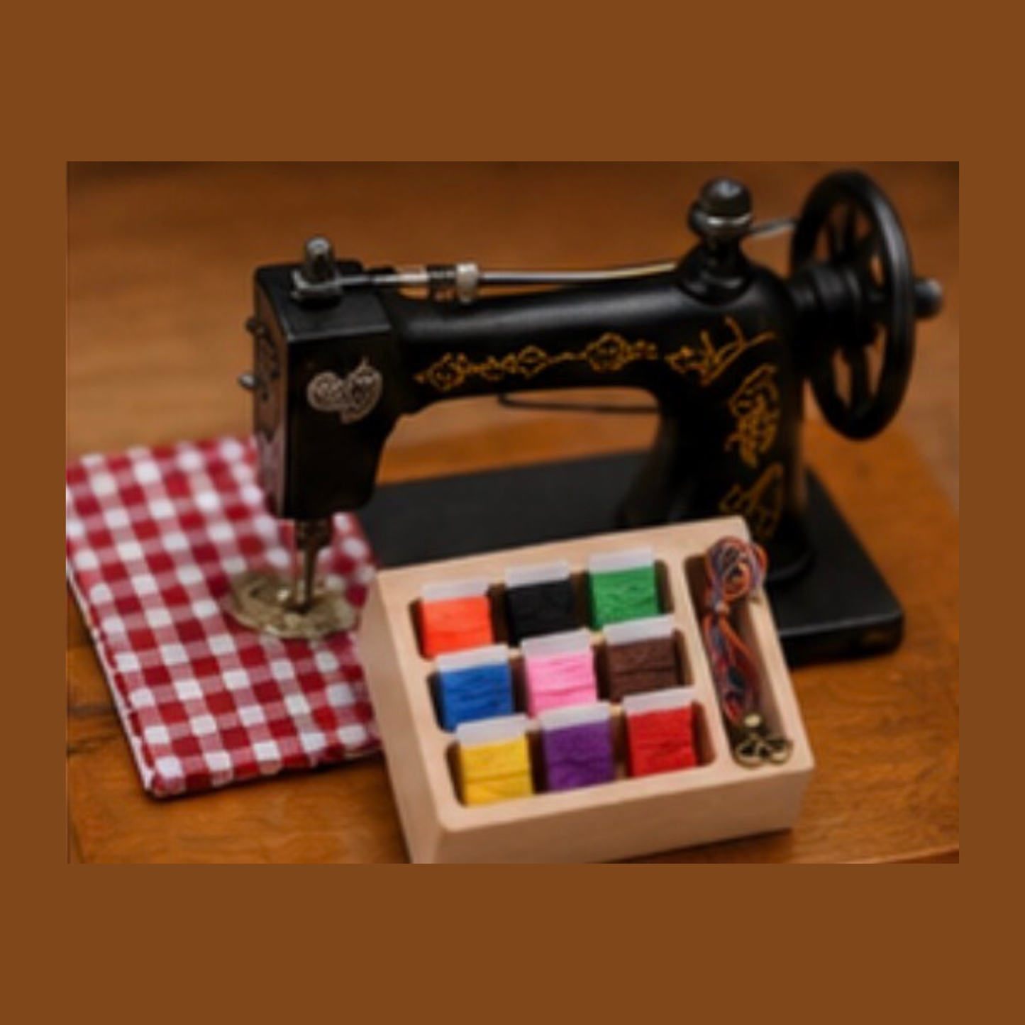 Miniature Wooden Sewing Box with Thread & Scissors