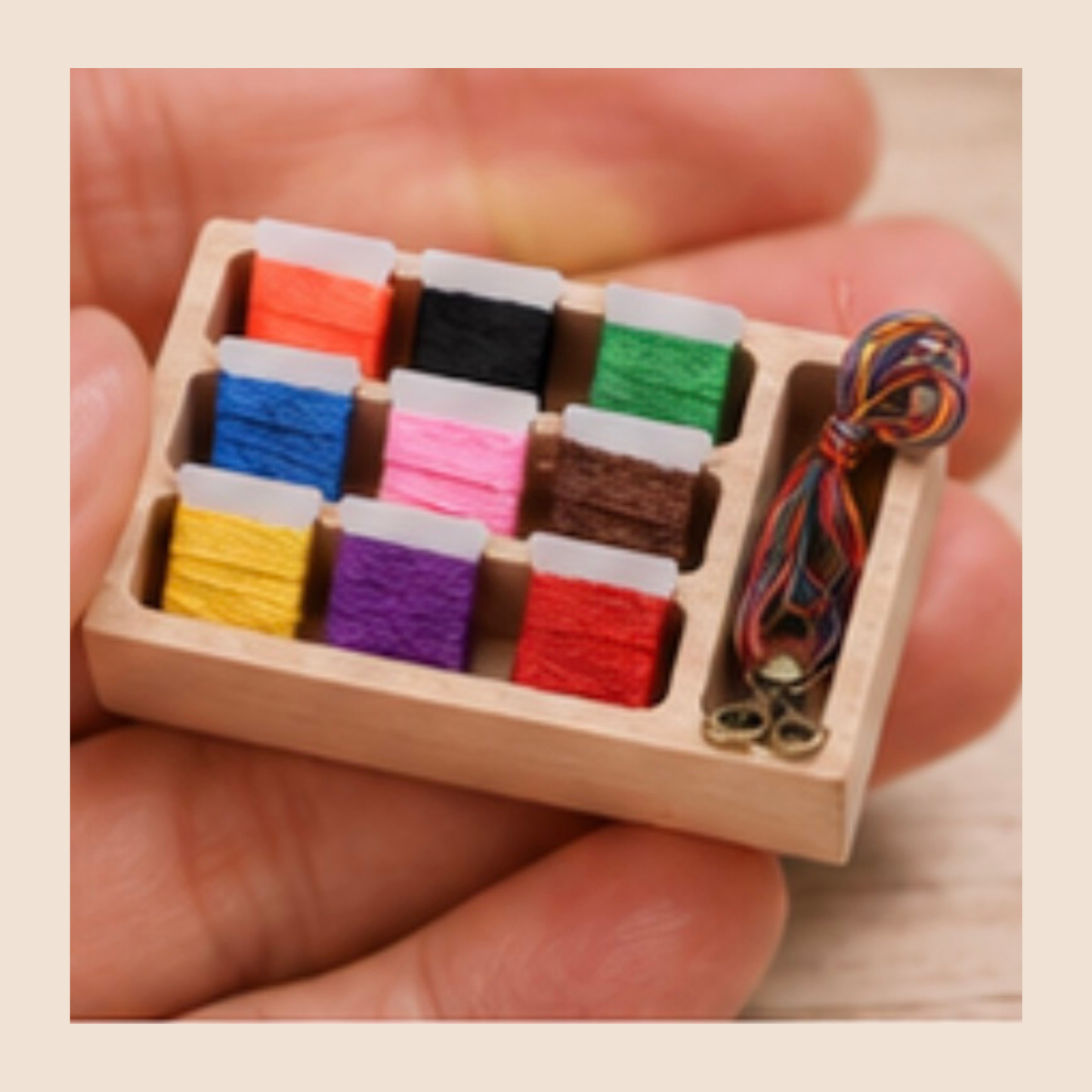 Miniature Wooden Sewing Box with Thread & Scissors